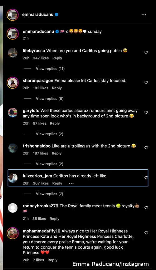 Primeros comentarios de Emma Raducanu en su última publicación de Instagram.