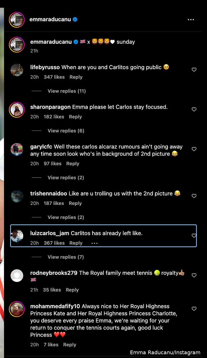 Primeros comentarios de Emma Raducanu en su última publicación de Instagram.