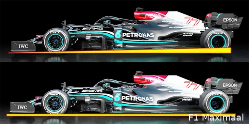 Afbeelding 4. Situatie W12 normaal en met variabele ophanging in actie (Foto's: Mercedes AMG F1).<br>