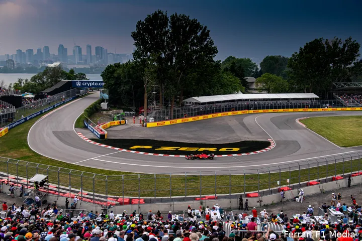Circuit Gilles Villeneuve, Grand Prix van Canada 2023, met een deel van Montreal op de achtergrond.<br>