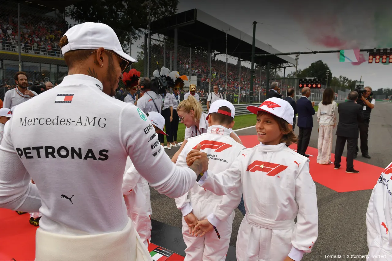 Lewis Hamilton shaking hands with 12-year-old Andrea Kimi Antonelli on the grid ahead of the 2018 Italian Grand Prix at Monza Circuit.&nbsp;