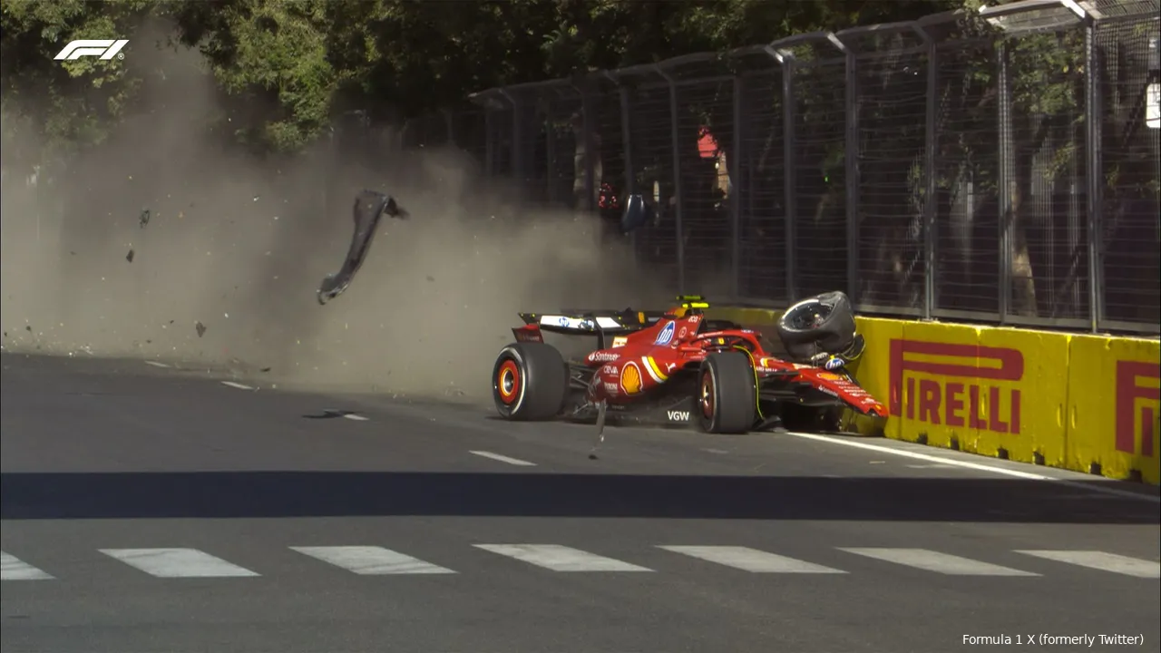 Carlos Sainz and Sergio Perez crash into the wall after colliding on the straight at Baku City Circuit during the 2024 Azerbaijan Grand Prix.