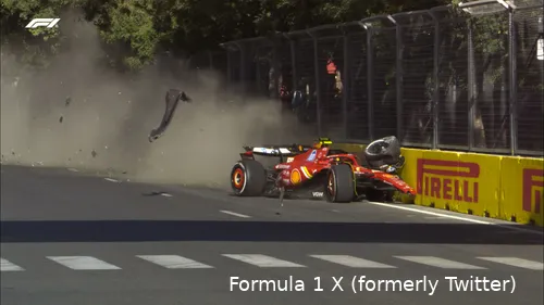 Carlos Sainz and Sergio Perez crash into the wall after colliding on the straight at Baku City Circuit during the 2024 Azerbaijan Grand Prix.