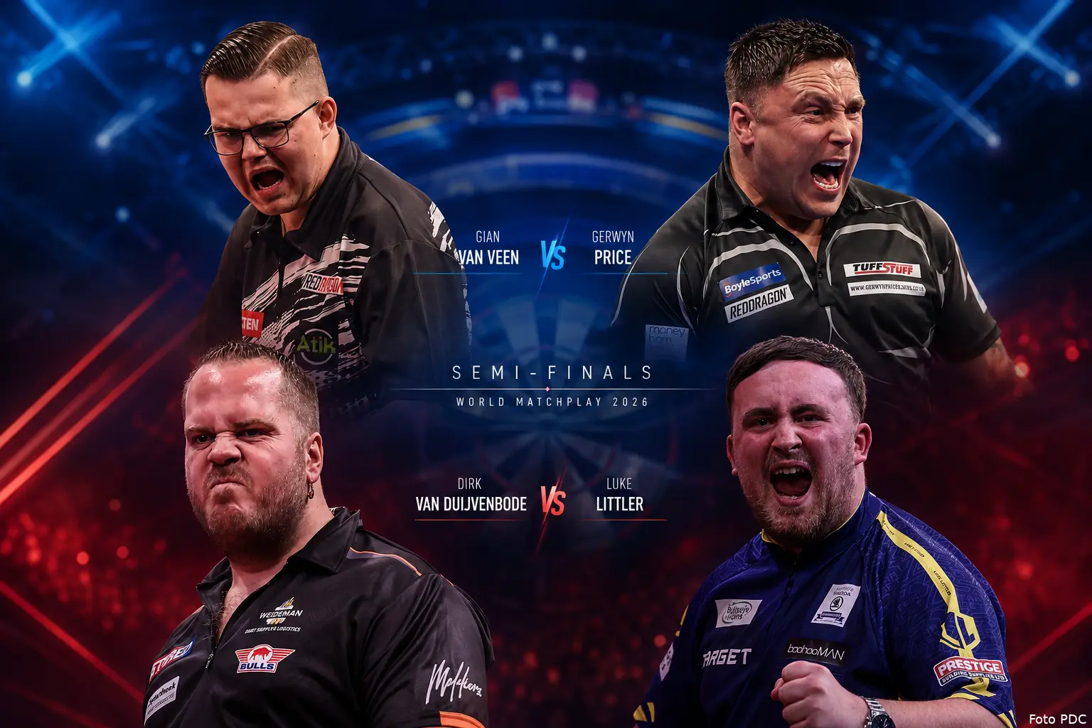 Halve finale World Matchplay 2026 Van Veen v Price en Van Duijvenbode v Littler