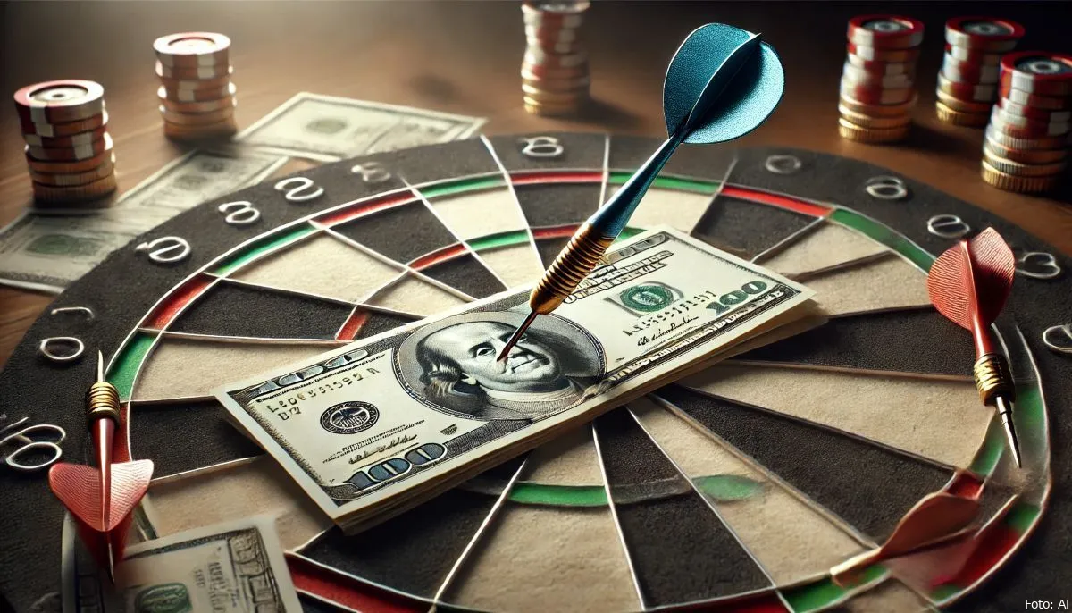 dalle 2025 02 12 200158 a realistic composition of a dartboard with a single dart piercing through a banknote placed directly in the bullseye additional banknotes are scatte