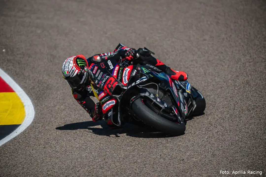 Bezzecchi rides the Aprilia MotoGP bike at the Sachsenring