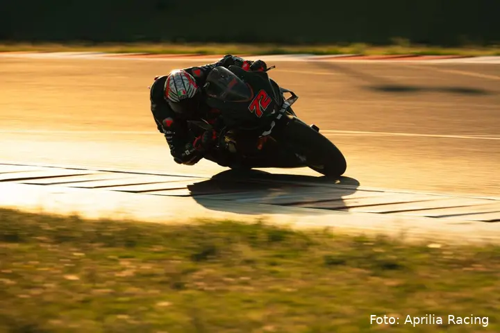 Marco Bezzecchi Aprilia MotoGP rider rides the RSV4 at Misano