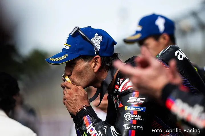 Jorge Martin, Aprilia MotoGP rider, kisses his medal after the race