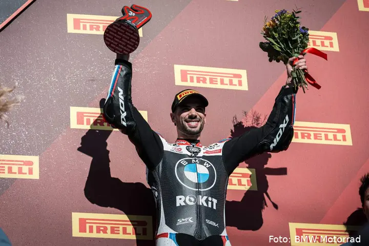 BMW rider Miguel Oliveira celebrates on the SBK podium