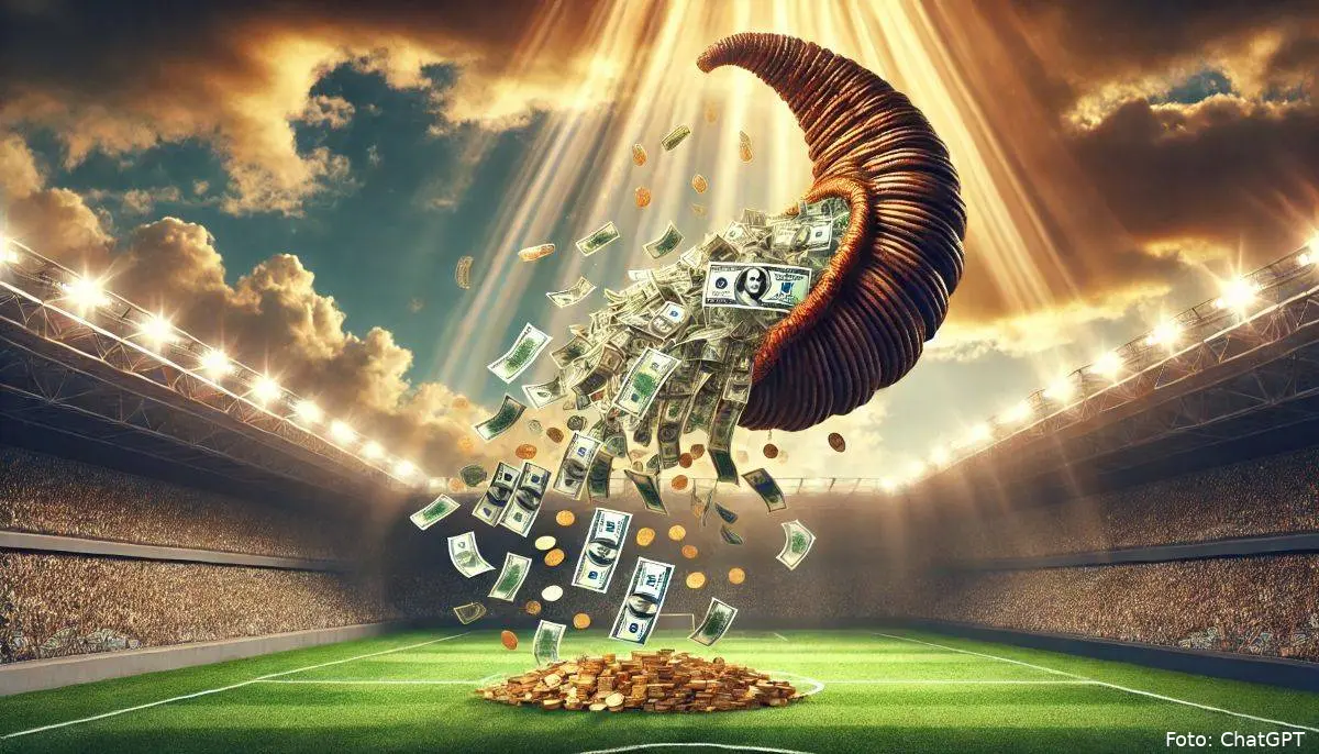 dalle 2025 03 07 143121 a majestic cornucopia floating in the sky overflowing with money that rains down onto a football field below the scene is dramatic with golden sunl