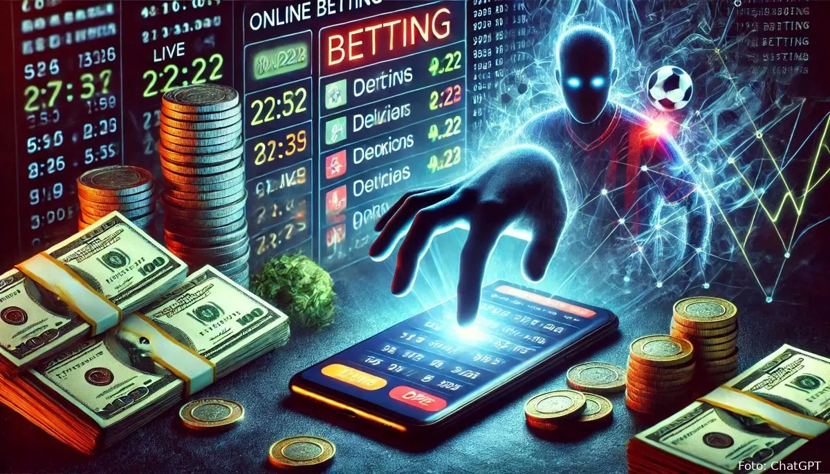 dalle 2025 02 27 132837 a dramatic digital illustration of online betting featuring a glowing smartphone displaying a betting app with odds and live sports matches the phon