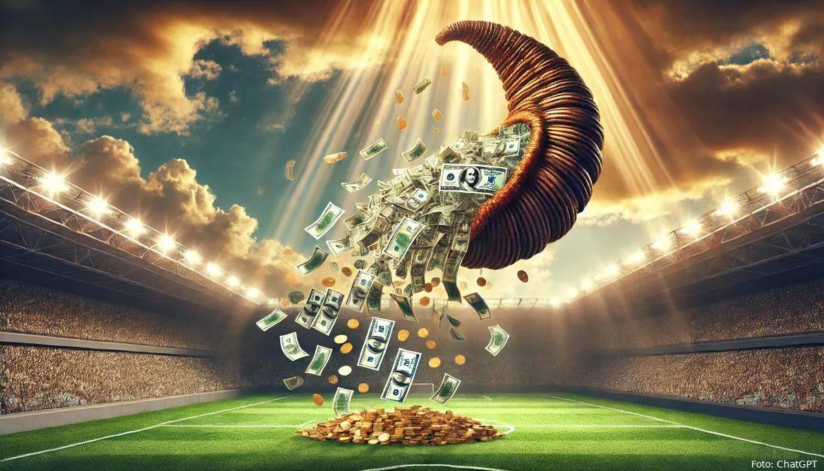 dalle 2025 03 07 143121 a majestic cornucopia floating in the sky overflowing with money that rains down onto a football field below the scene is dramatic with golden sunl