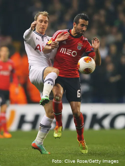 <i>Christian Eriksen mødte Ruben Amorim på fodboldbanen i 2014 i en kamp mellem Tottenham og Benfica.&nbsp;</i>