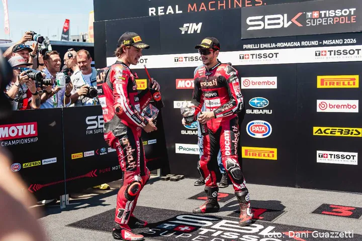 Nicolò Bulega and Iker Lecuona in WorldSBK parc fermé at Misano