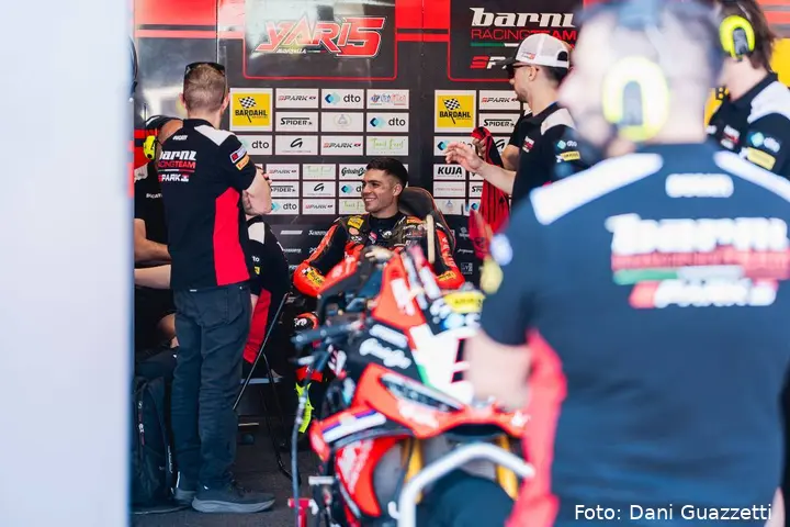 Yari Montella seated in the Barni Spark Superbike team garage