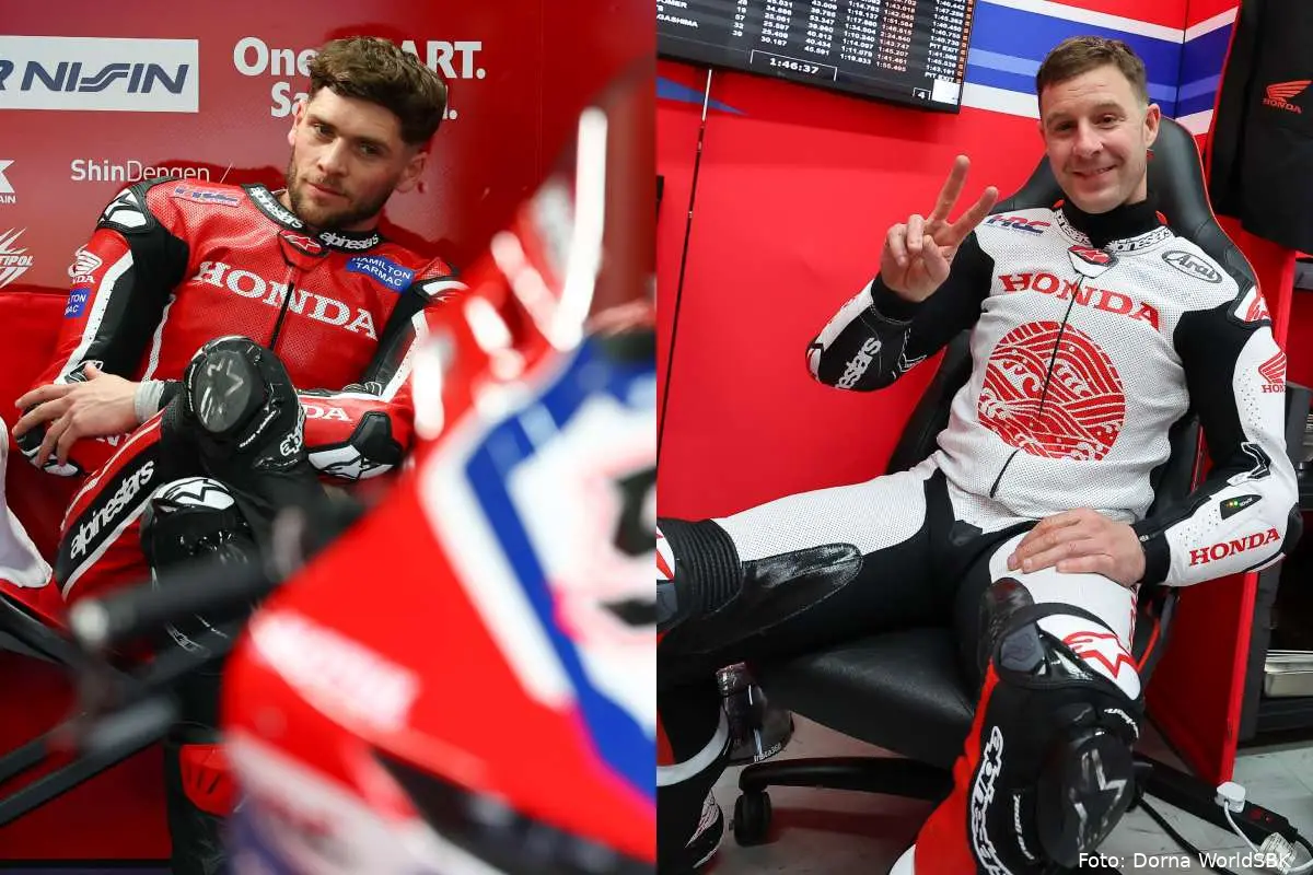 Jonathan Rea e Jake Dixon piloti Honda HRC Superbike SBK seduti nel box