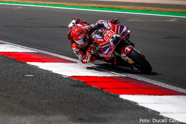Marc Marquez rides the Ducati Desmosedici GP26 in the MotoGP race at Silverstone