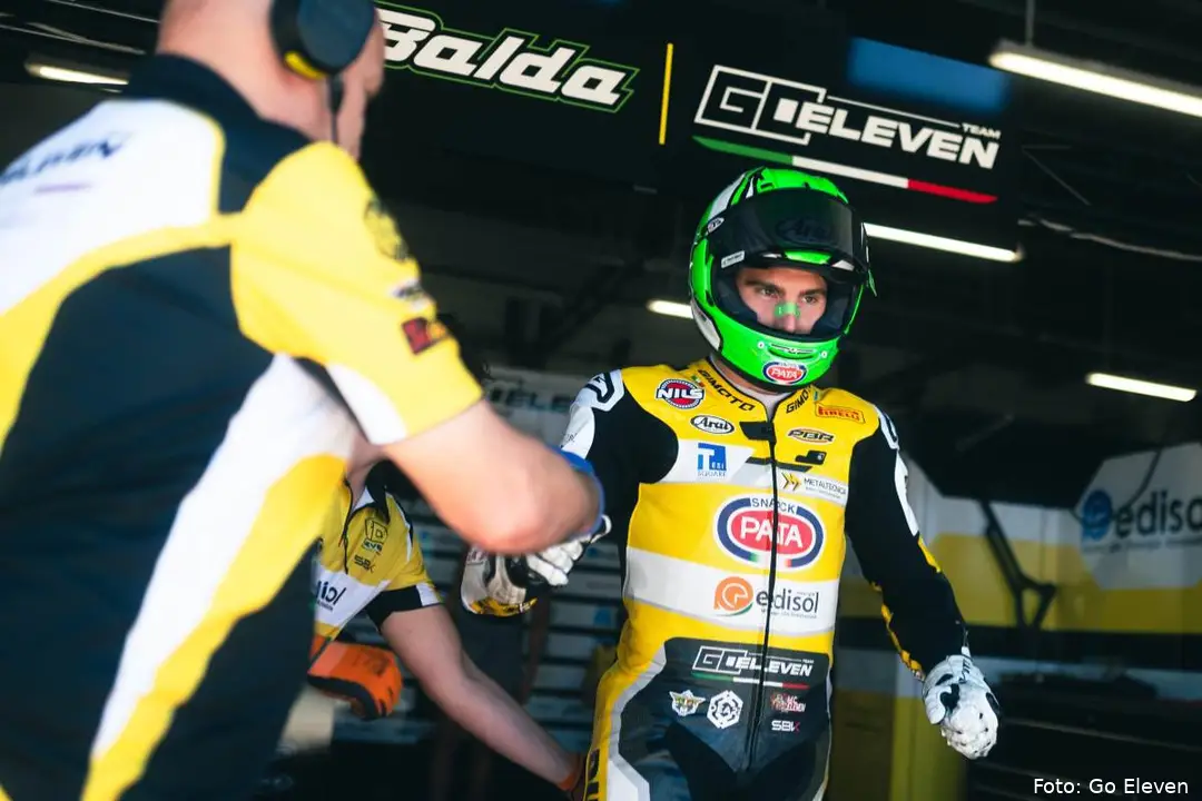 Lorenzo Baldassarri, Go Eleven Superbike rider, exits the garage