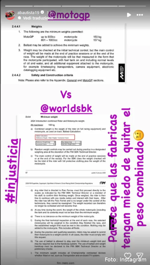 Alvaro Bautista Instagram Story Minimum Weight Superbike SBK 2026