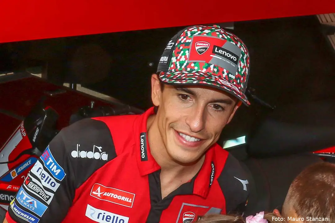 Marc Marquez Ducati rider smiling in the MotoGP paddock at Mugello