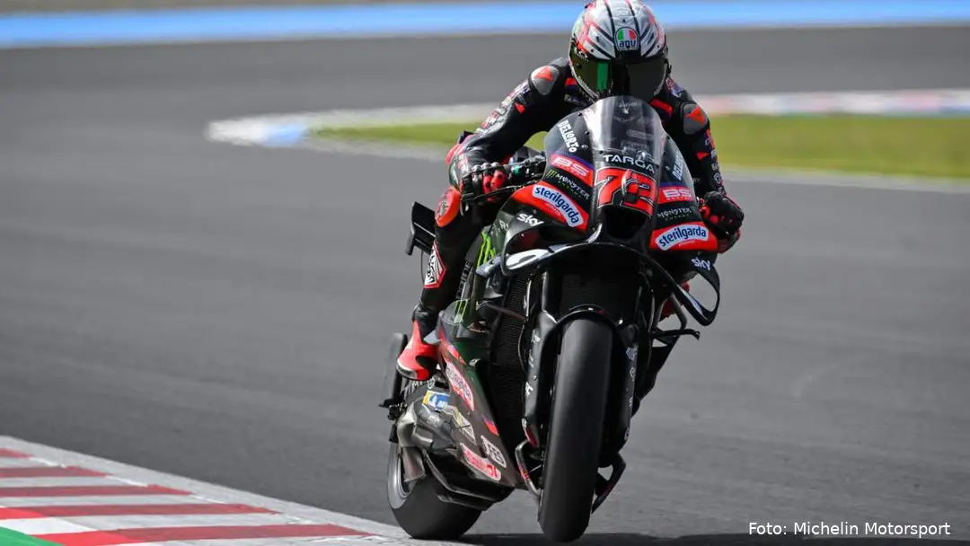 Marco Bezzecchi rides the Aprilia MotoGP bike at Motegi