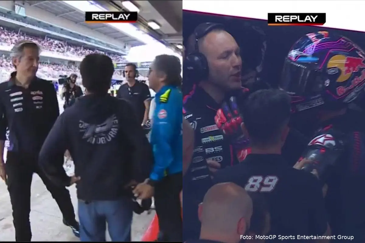 Jorge Martin, Paolo Bonora, Massimo Rivola, Davide Brivio nei box Aprilia e Trackhouse MotoGP a Barcellona