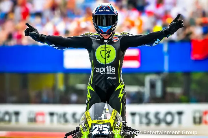 Raul Fernandez celebrates victory in the MotoGP Sprint at Assen