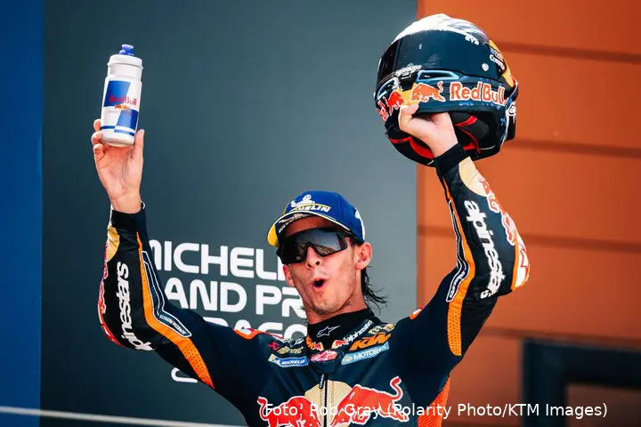 Pedro Acosta celebrates on the MotoGP podium at Aragon