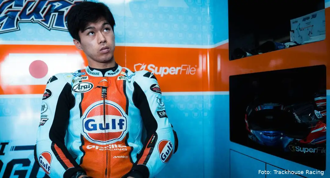 MotoGP rider Ai Ogura seated in the Trackhouse Racing team garage