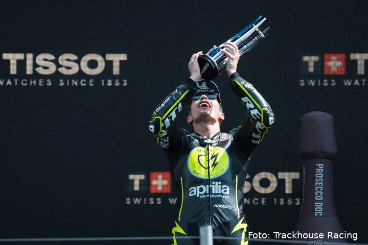 Raul Fernandez on the MotoGP podium at Assen