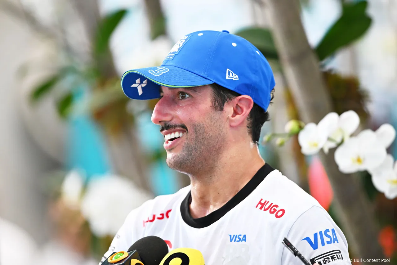 Daniel Ricciardo smiling ear to ear while speaking to the media after securing P4 in the Sprint race in Miami.