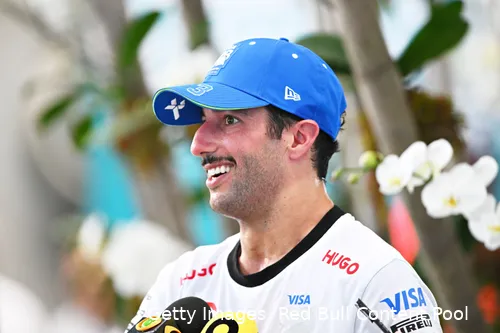 Daniel Ricciardo smiling ear to ear while speaking to the media after securing P4 in the Sprint race in Miami.