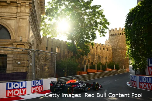 Max Verstappen, in his RB20, enters the narrow 'Castle section' at turn eight of the Baku City Circuit, with fortress walls in the background.