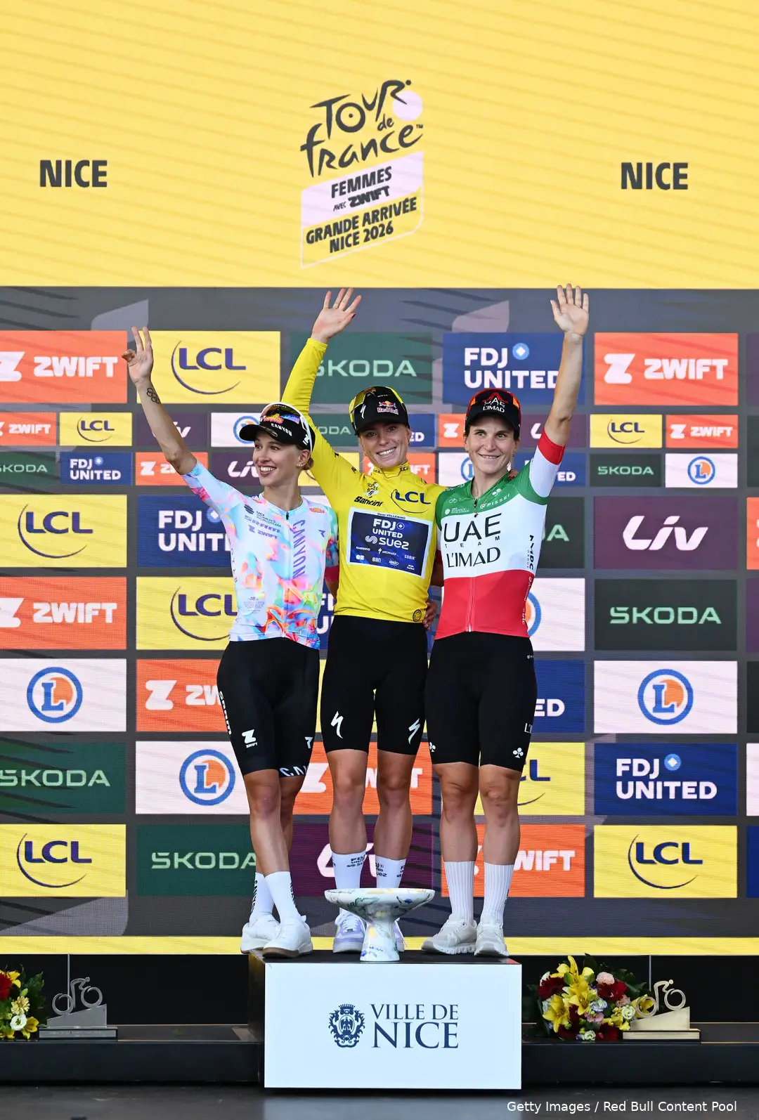 Demi Vollering, Kasia Niewiadoma en Elisa Longo Borghini op het eindpodium van de Tour de France Femmes 2026