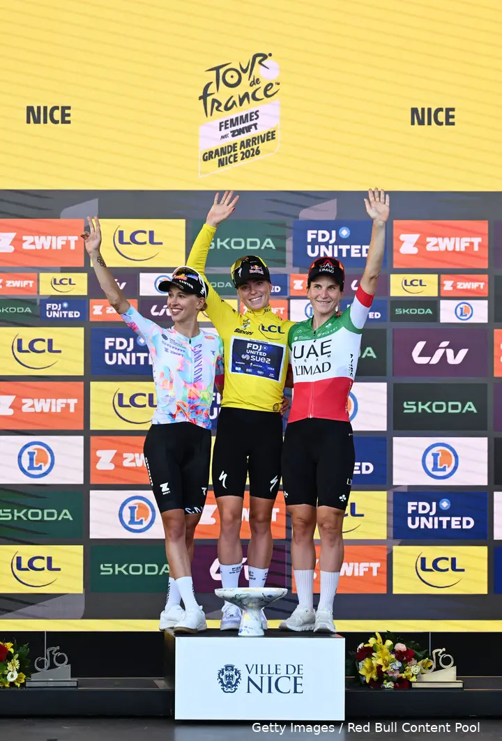 Demi Vollering, Kasia Niewiadoma und Elisa Longo Borghini auf dem Schluss­podium der Tour de France Femmes 2026