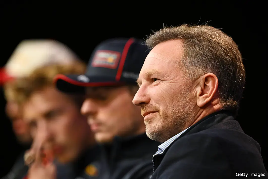 75 launch event 2025 liam lawson l max verstappen c christian horner r