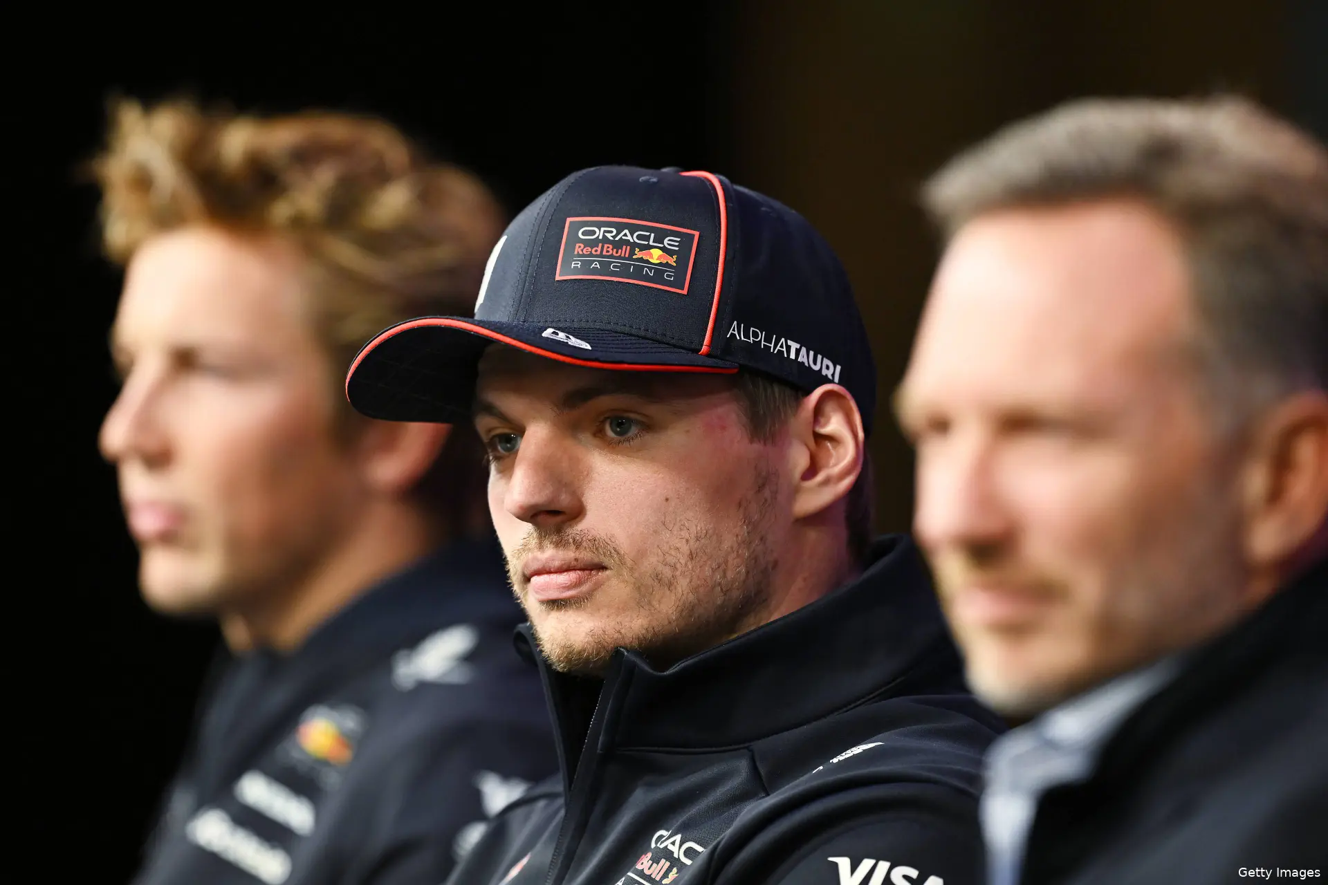 75 launch event 2025 liam lawson l max verstappen c christian horner r 2