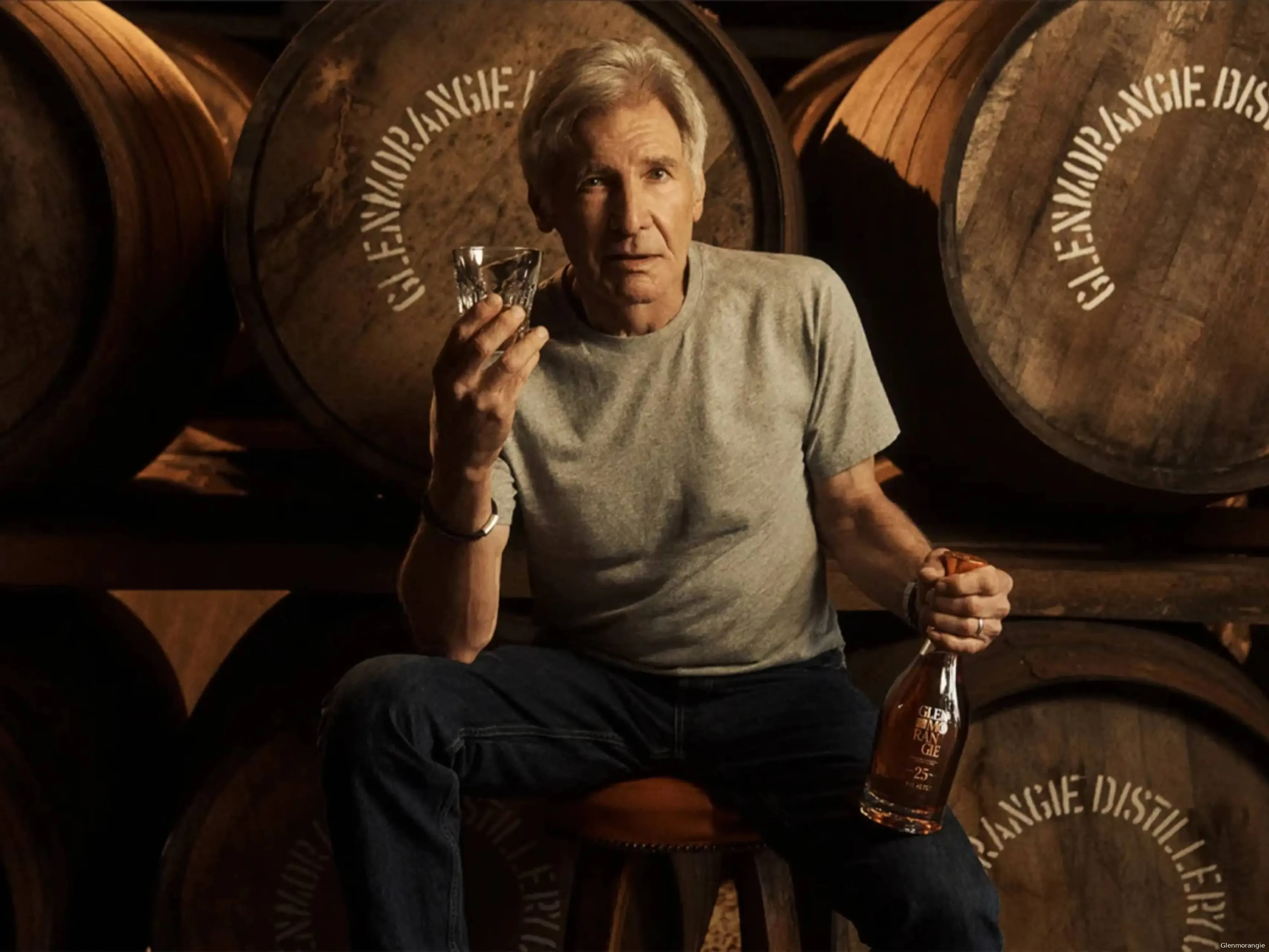 Glenmorangie The Altus 25 Year Old whisky with Harrison Ford in whisky warehouse
