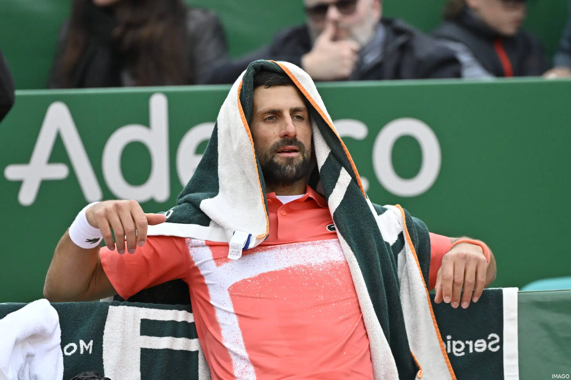 Djokovic sitting on the bench next to the court