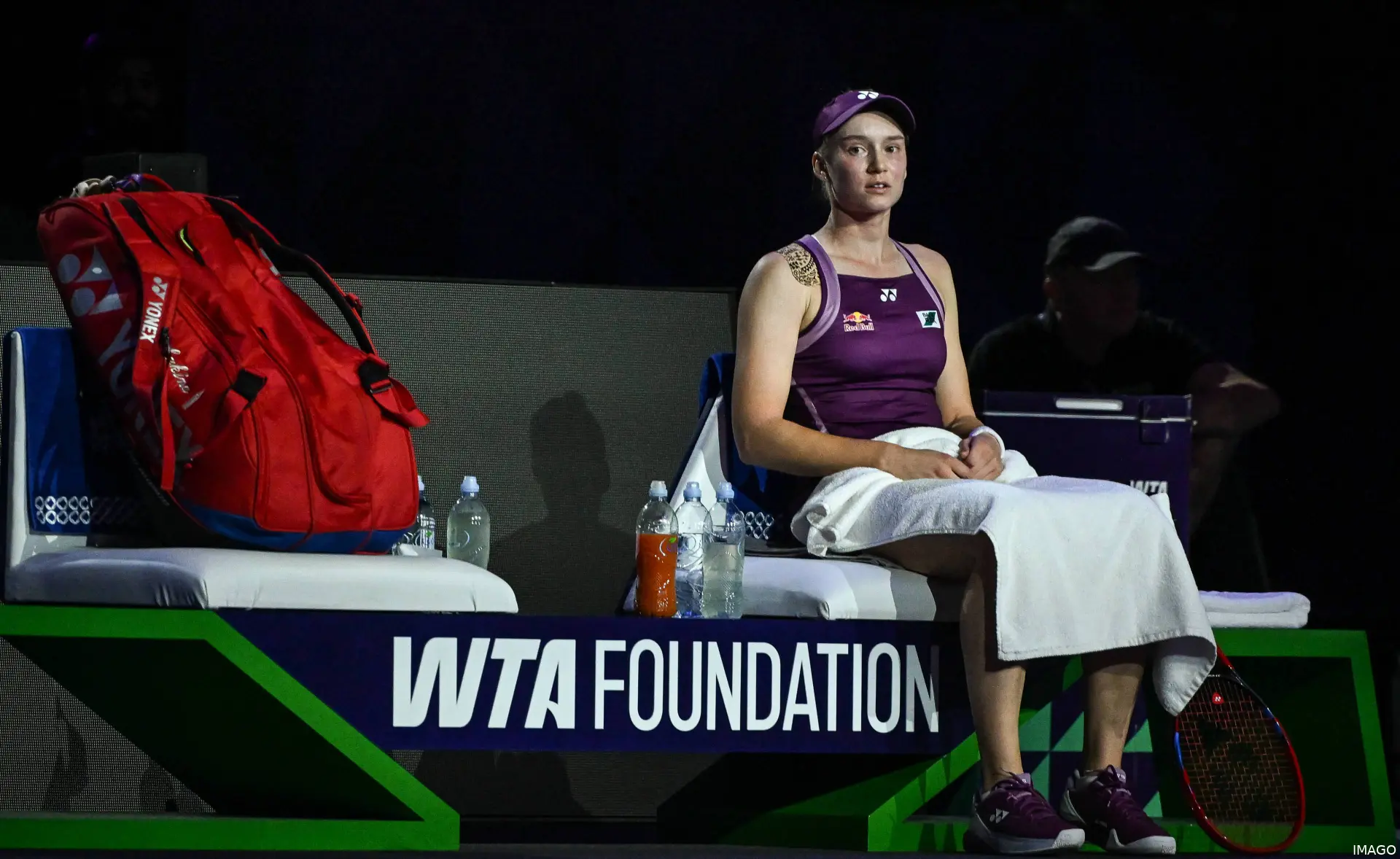 Elena Rybakina contemplating her next move at the 2025 WTA Finals