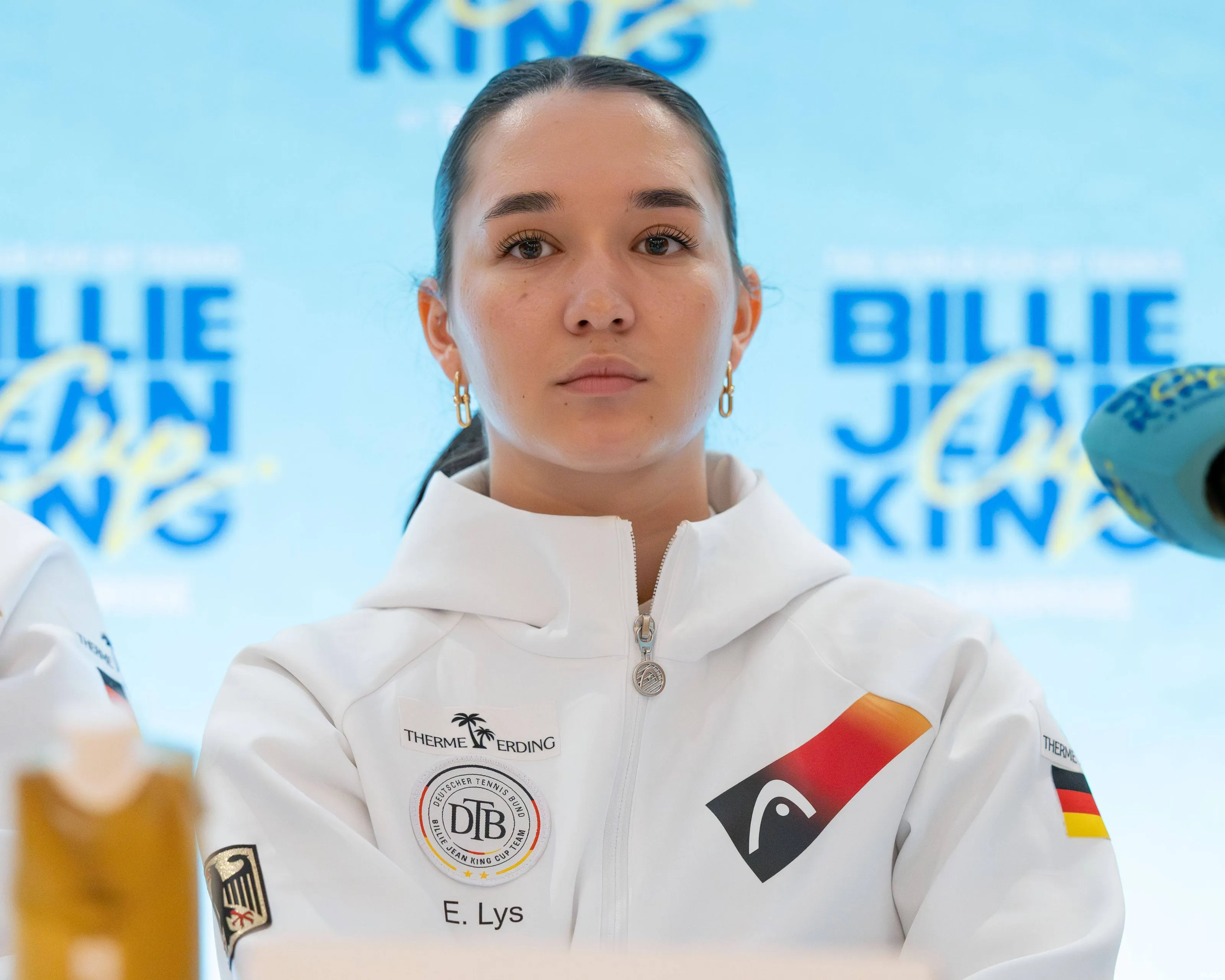Eva Lys wearing a Germany jersey during the Billie Jean King Cup press conference