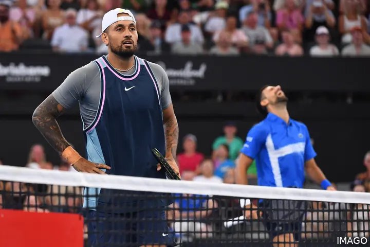 Nick Kyrgios is a frustrated figure at the net in Brisbane