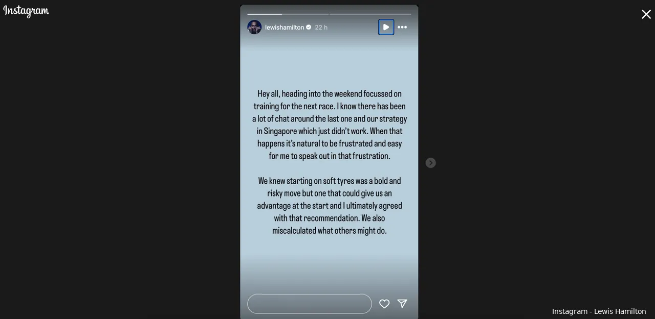 Screenshot of Lewis Hamilton's Instagram story