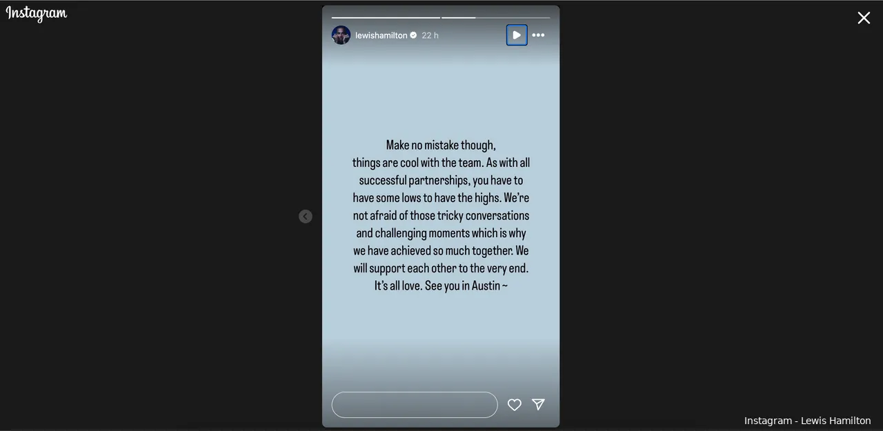 Screenshot of Lewis Hamilton's second Instagram story