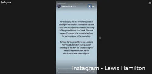 Screenshot of Lewis Hamilton's Instagram story