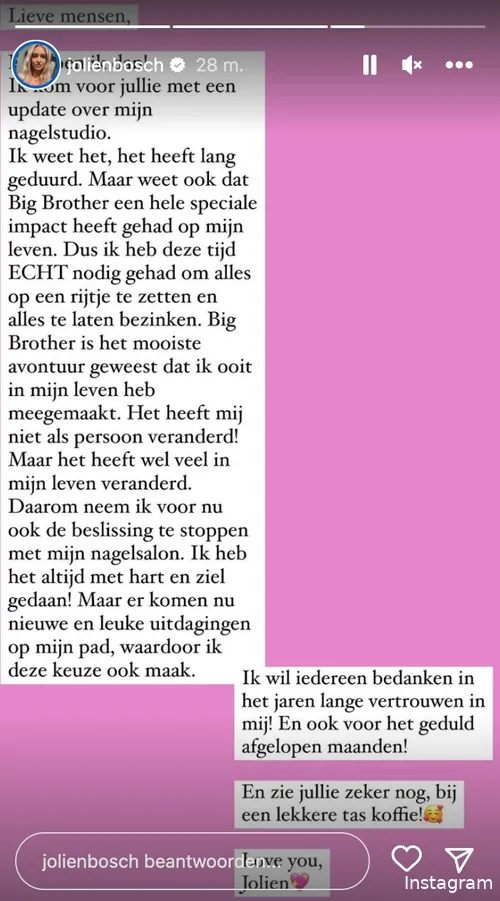 Bron: Instagram Stories (@jolienbosch)