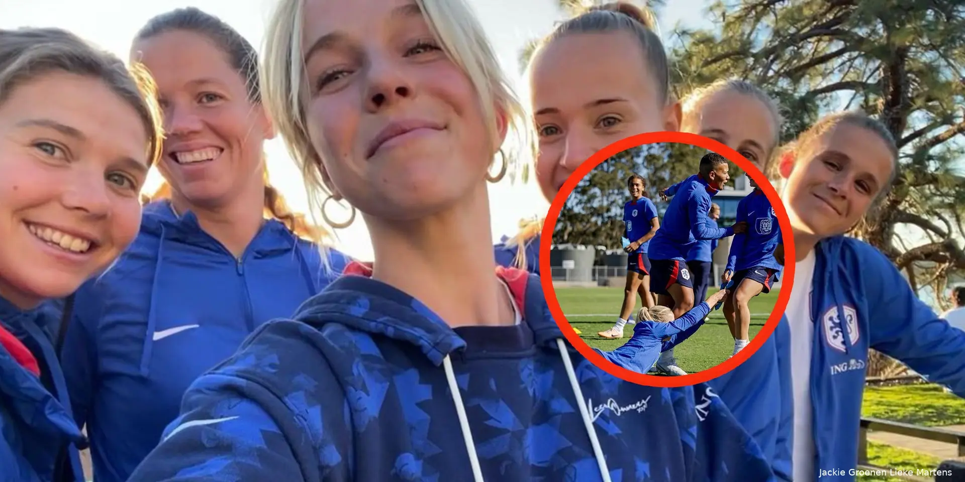 foto jackie groenen laat zich op het veld rukken door groep vrouwen