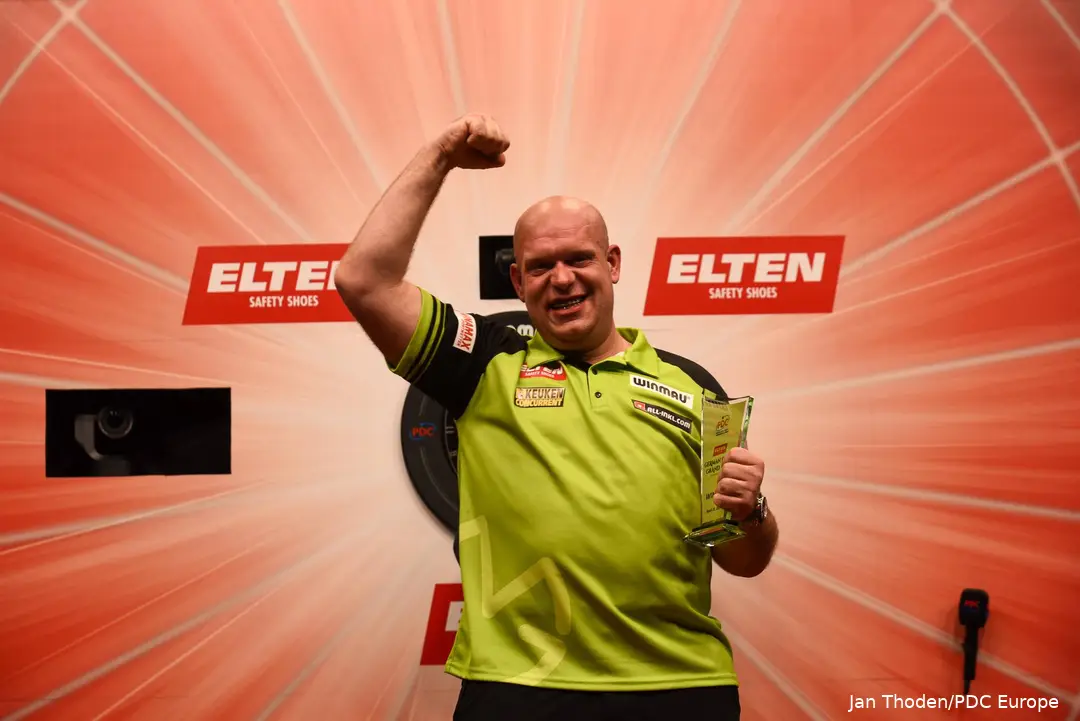 Michael van Gerwen celebrates after winning a Euro Tour title