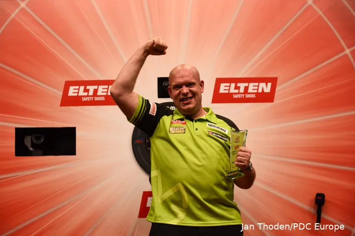 Michael van Gerwen celebrates after winning a Euro Tour title