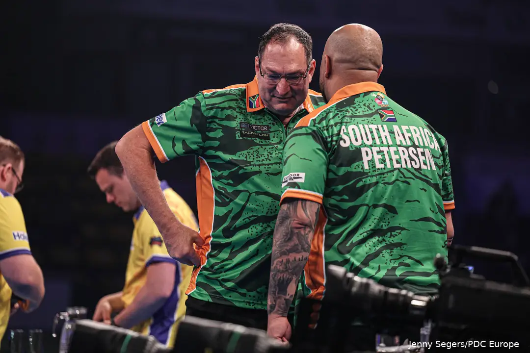 Devon Petersen and Graham Filby representing South Africa at the 2026 World Cup of Darts